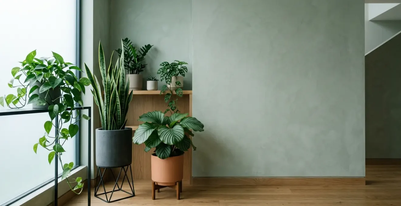 Plantes d'intérieur verdoyantes dans une pièce peu lumineuse orientée au nord