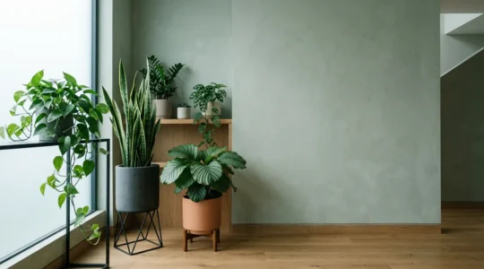 Plantes d'intérieur verdoyantes dans une pièce peu lumineuse orientée au nord