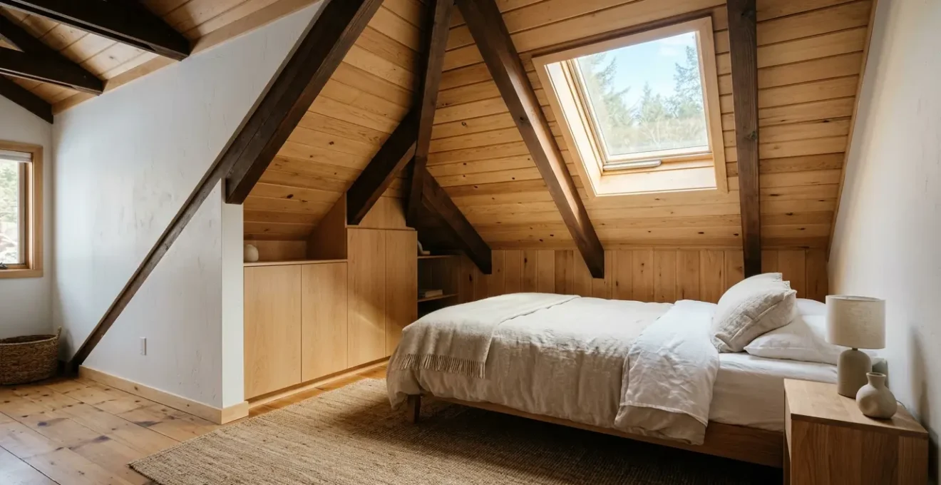 Chambre sous combles aménagée en style cabine avec lit alcôve et rangements sur mesure