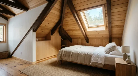 Chambre sous combles aménagée en style cabine avec lit alcôve et rangements sur mesure