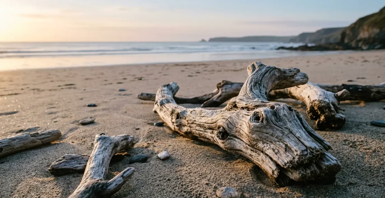 Branches de bois flotté échouées sur le sable d'une plage, polies par l'eau et le sel