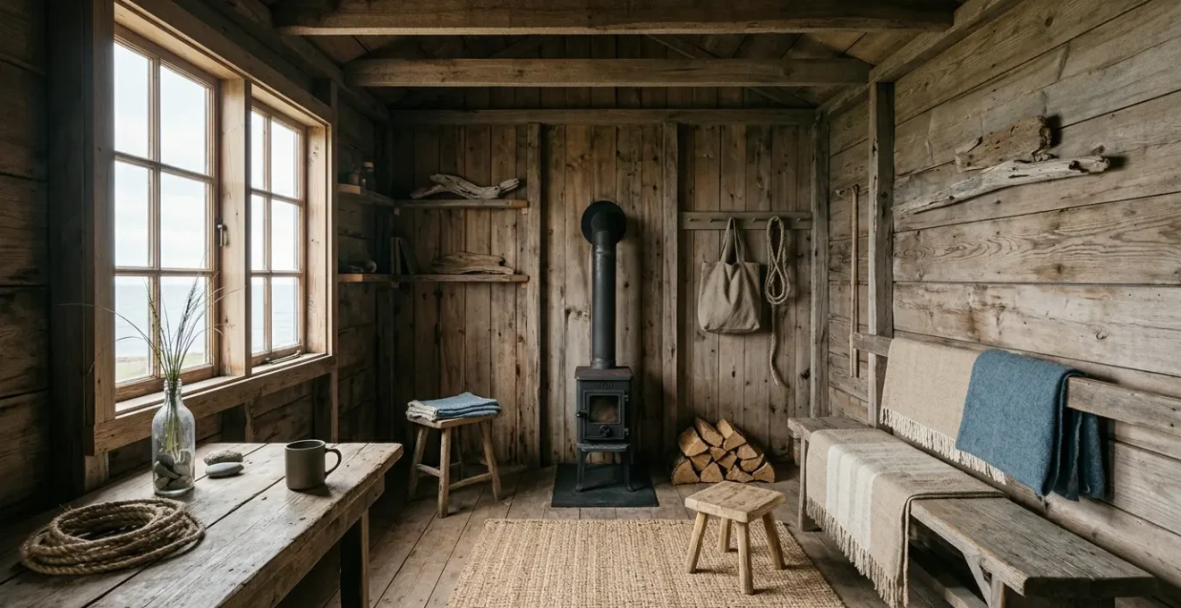 Intérieur chaleureux d'un cabanon en bois brut avec textures naturelles et lumière douce