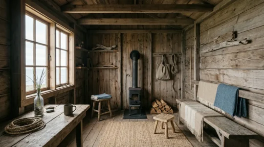 Intérieur chaleureux d'un cabanon en bois brut avec textures naturelles et lumière douce