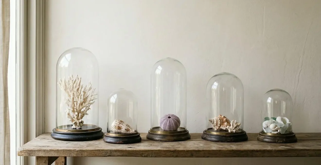 Cabinet de curiosité maritime présentant des coquillages et coraux naturels sous globe de verre dans une composition muséale