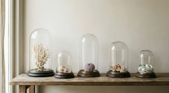 Cabinet de curiosité maritime présentant des coquillages et coraux naturels sous globe de verre dans une composition muséale