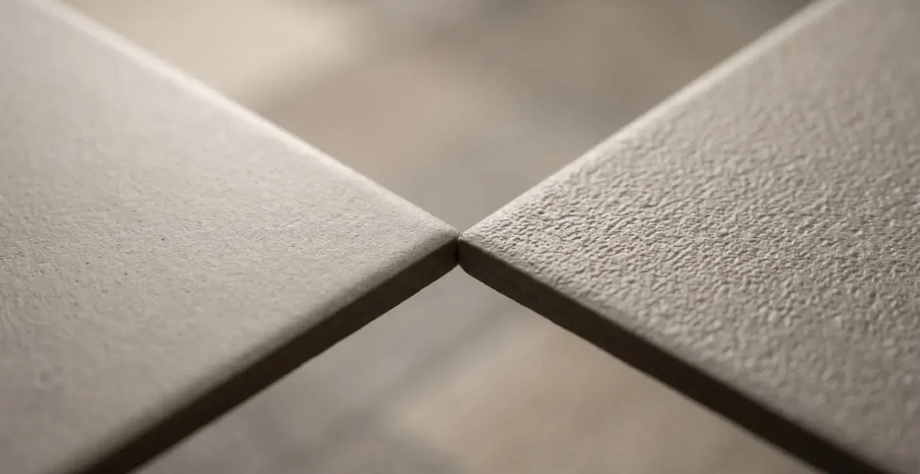 Gros plan sur la jonction entre carrelage intérieur et extérieur montrant la subtile différence de texture antidérapante