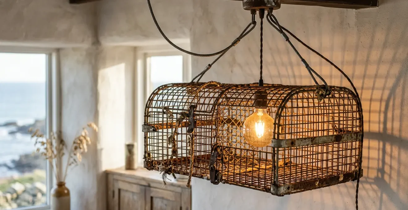Casier de pêche en métal rouillé suspendu au plafond transformé en luminaire industriel avec ampoule à filament vintage