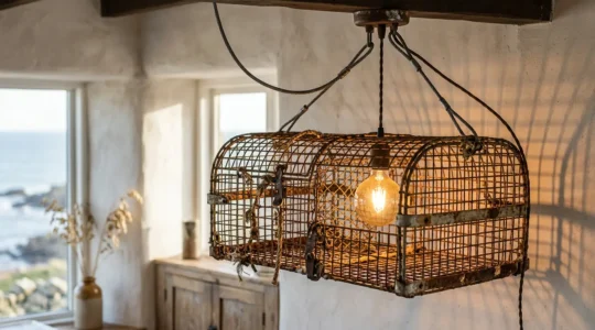 Casier de pêche en métal rouillé suspendu au plafond transformé en luminaire industriel avec ampoule à filament vintage