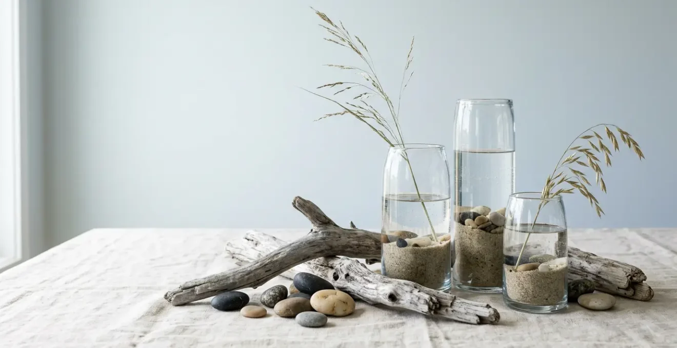Composition de table marine avec bois flotté, galets et vases transparents créant une scénographie côtière élégante