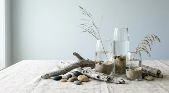 Composition de table marine avec bois flotté, galets et vases transparents créant une scénographie côtière élégante