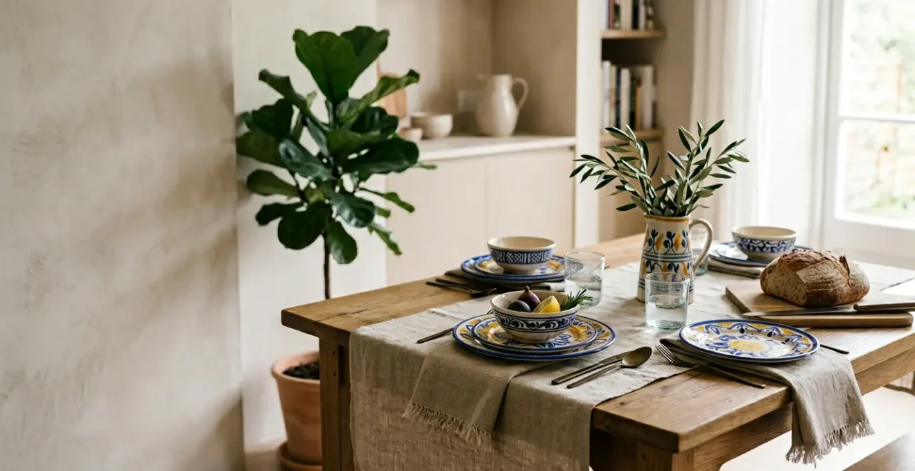Table dressée élégamment mêlant céramiques bretonnes émaillées colorées et linge de table en lin brut naturel dans une ambiance contemporaine lumineuse