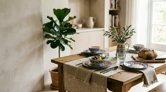 Table dressée élégamment mêlant céramiques bretonnes émaillées colorées et linge de table en lin brut naturel dans une ambiance contemporaine lumineuse