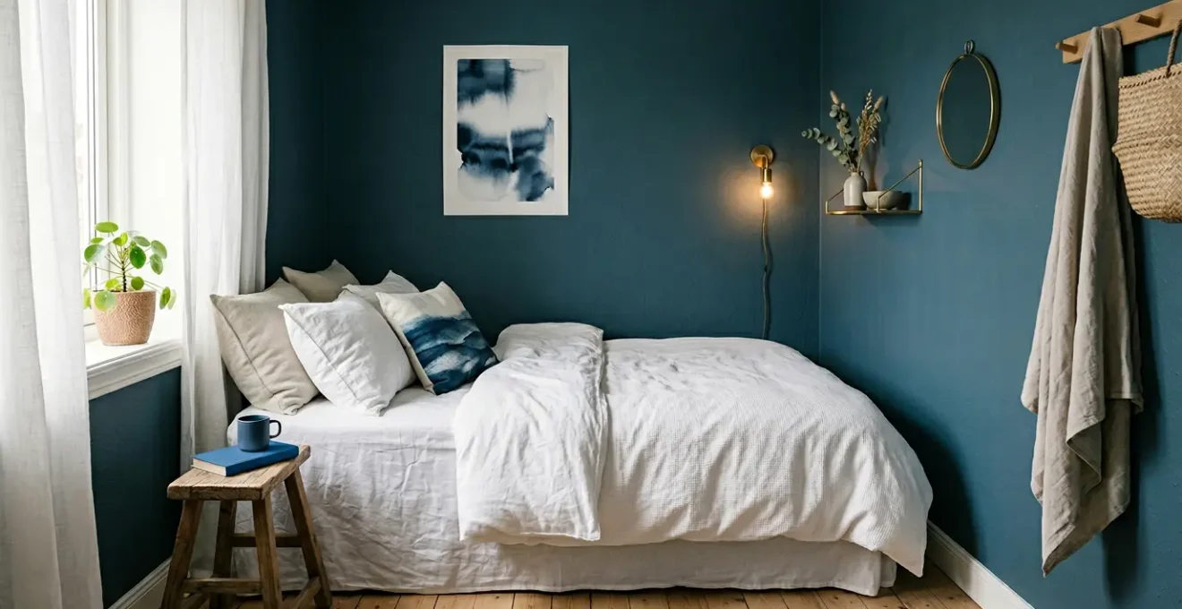 Chambre intime de 10 m² avec murs bleu pétrole profond et détails laiton, ambiance cocooning