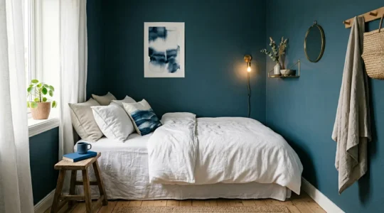 Chambre intime de 10 m² avec murs bleu pétrole profond et détails laiton, ambiance cocooning