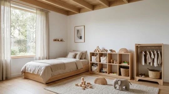 Chambre d'enfant fonctionnelle avec mobilier bas favorisant l'autonomie dès 3 ans