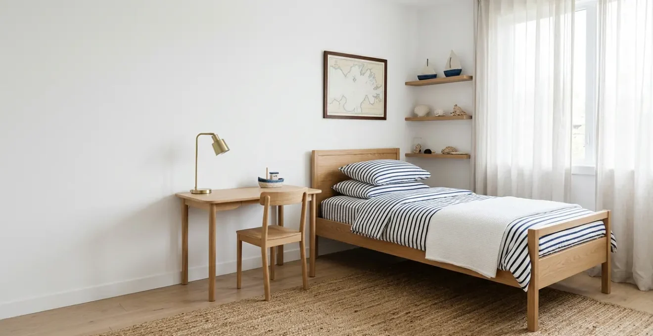 Chambre d'enfant au style nautique intemporel avec rayures marines bleues et blanches, mobilier en bois naturel et accessoires évolutifs