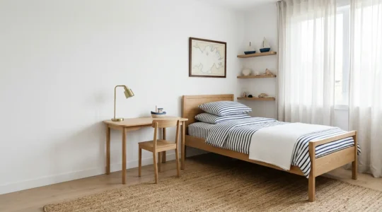 Chambre d'enfant au style nautique intemporel avec rayures marines bleues et blanches, mobilier en bois naturel et accessoires évolutifs