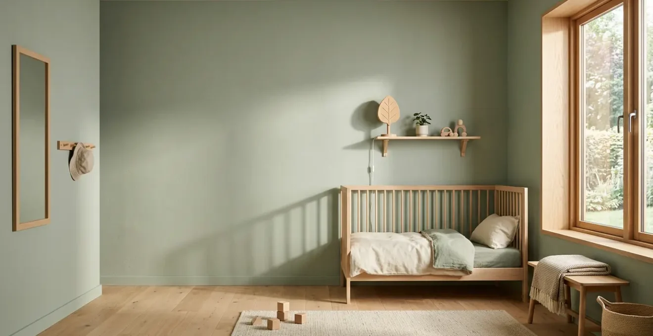 Chambre d'enfant baignée de lumière naturelle avec murs aux teintes douces et air pur symbolisant une atmosphère saine