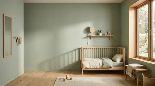 Chambre d'enfant baignée de lumière naturelle avec murs aux teintes douces et air pur symbolisant une atmosphère saine