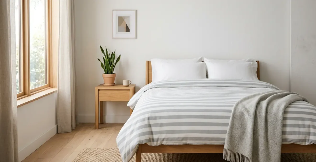 Chambre élégante avec linge de lit à rayures horizontales larges créant une illusion d'espace