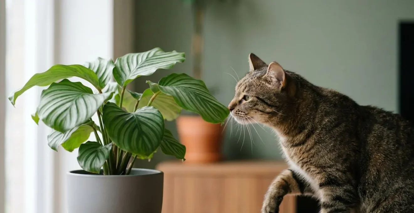 Chat domestique interagissant avec une plante d'intérieur non toxique dans un environnement sombre