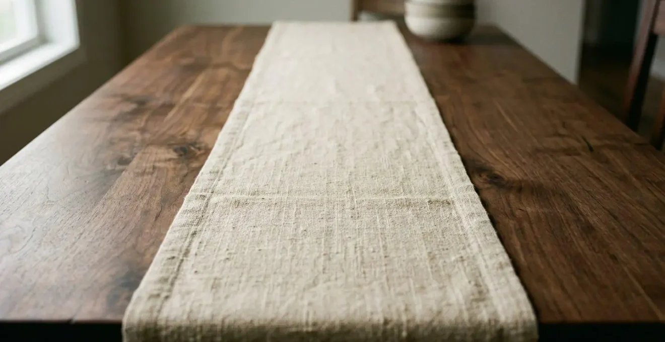 Chemin de table tissé en lin naturel disposé sur une table rectangulaire en bois brut sans nappe, style épuré