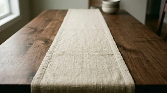 Chemin de table tissé en lin naturel disposé sur une table rectangulaire en bois brut sans nappe, style épuré