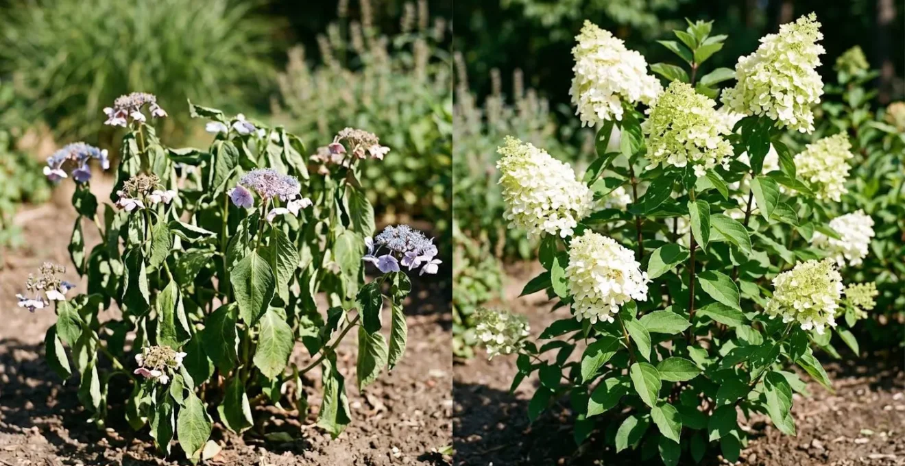 Comparaison visuelle entre Hydrangea macrophylla et paniculata en conditions ensoleillées