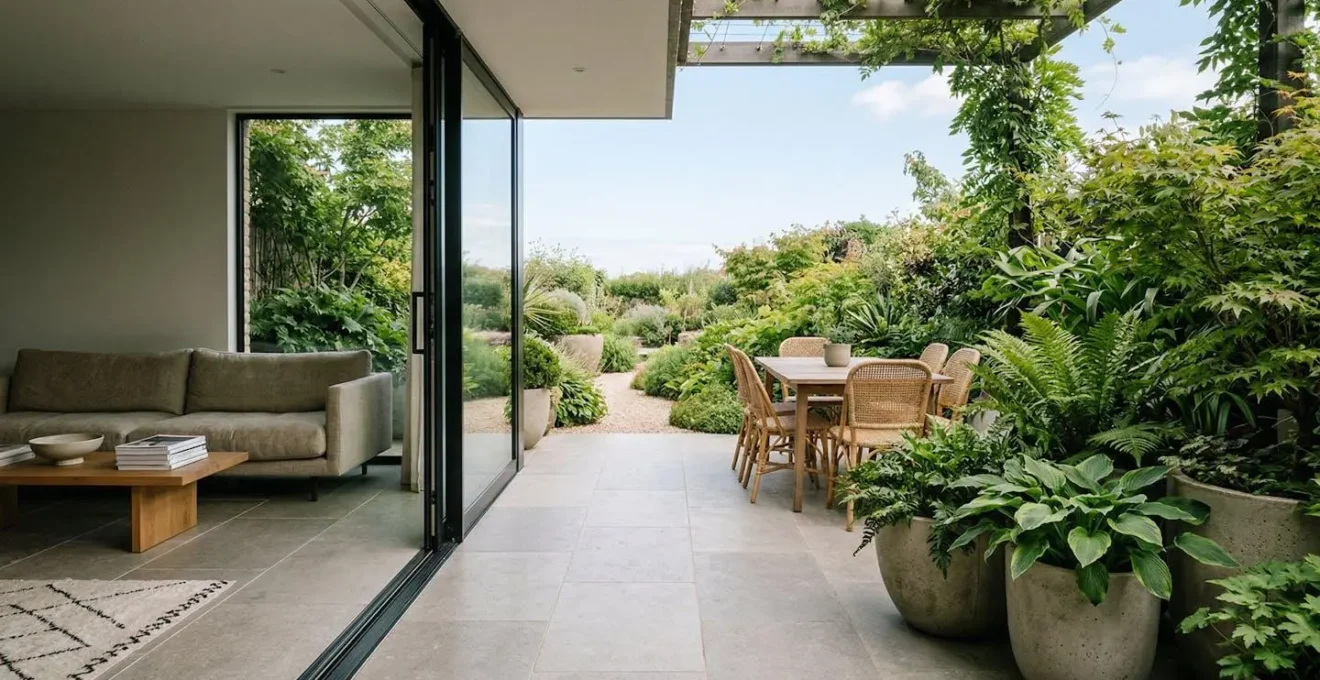 Vue harmonieuse entre salon contemporain et terrasse végétalisée à travers une grande baie vitrée ouverte