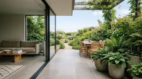 Vue harmonieuse entre salon contemporain et terrasse végétalisée à travers une grande baie vitrée ouverte
