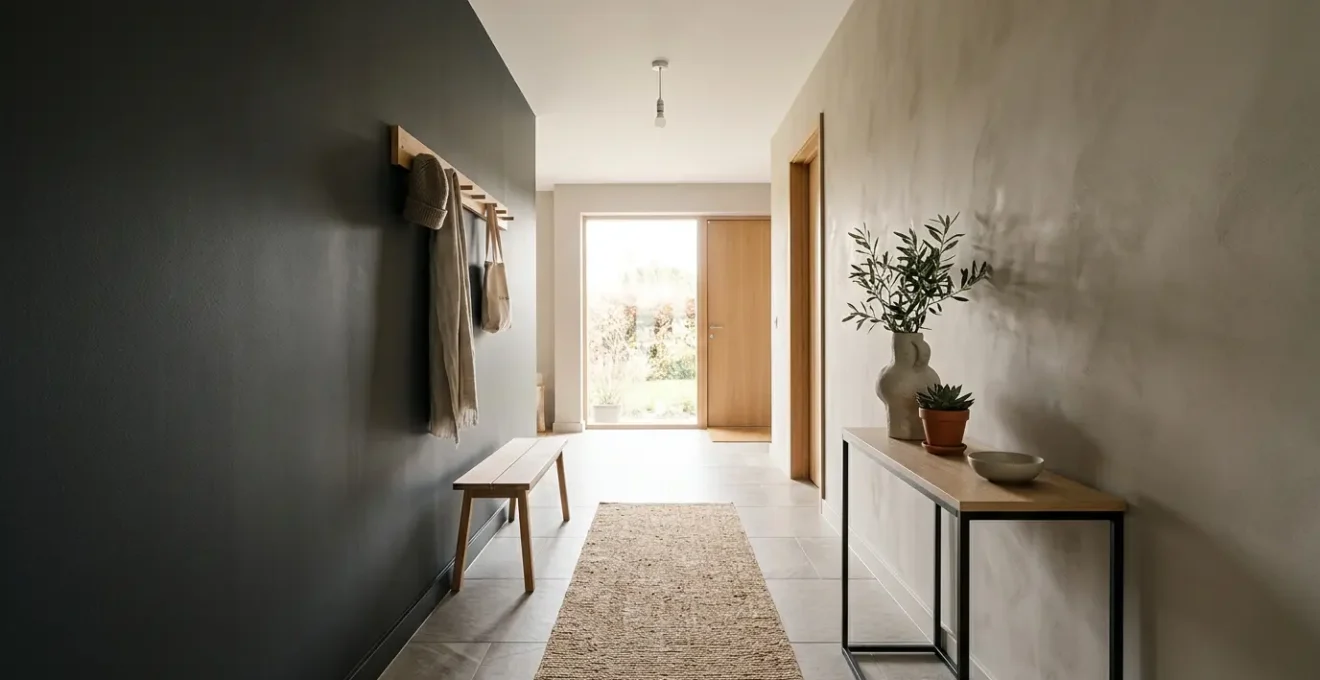 Couloir moderne avec finitions murales contrastées et ambiance chaleureuse pour famille avec enfants