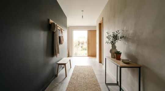 Couloir moderne avec finitions murales contrastées et ambiance chaleureuse pour famille avec enfants