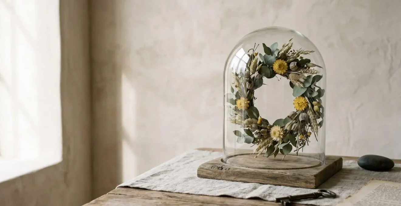 Couronne de fleurs séchées sous cloche en verre dans un décor bohème minimaliste