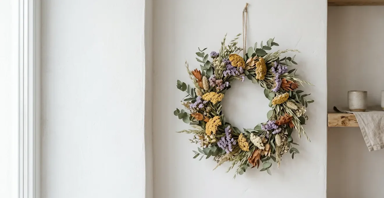 Couronne de fleurs séchées suspendues dans un intérieur lumineux naturel