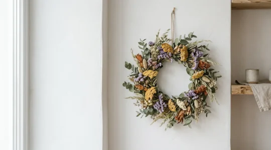 Couronne de fleurs séchées suspendues dans un intérieur lumineux naturel