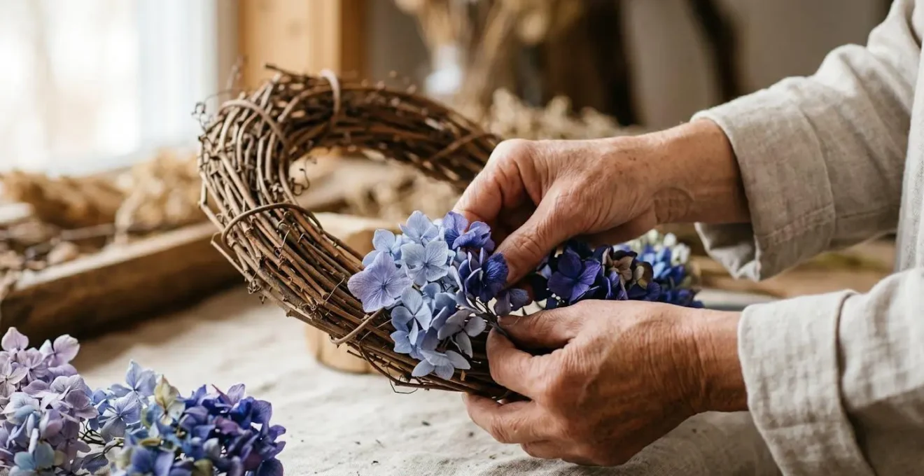 Détail d'une couronne décorative en hortensias séchés bleus montrant différentes textures