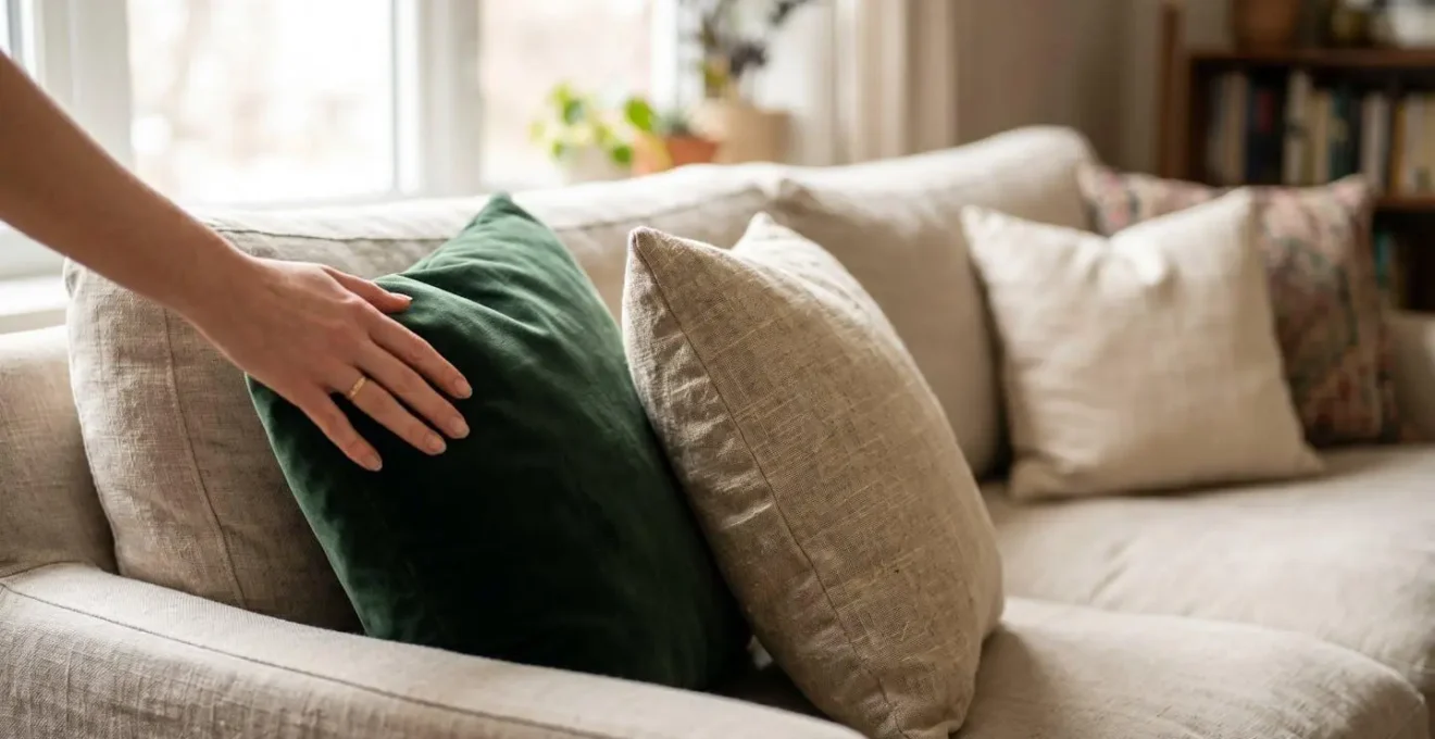 Mise en scène de coussins en lin et velours créant un contraste tactile et visuel