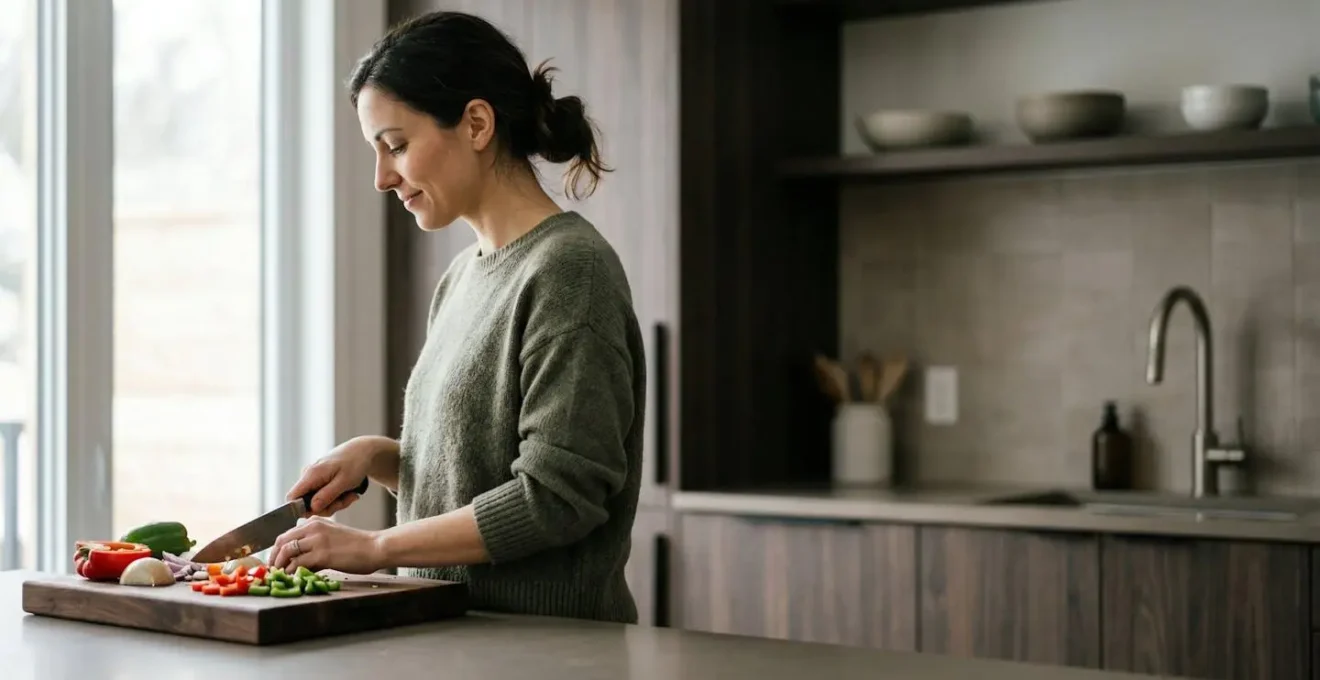 Profil d'une personne cuisinant confortablement avec une posture droite ergonomique dans une cuisine moderne