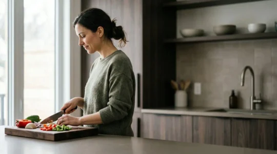 Profil d'une personne cuisinant confortablement avec une posture droite ergonomique dans une cuisine moderne