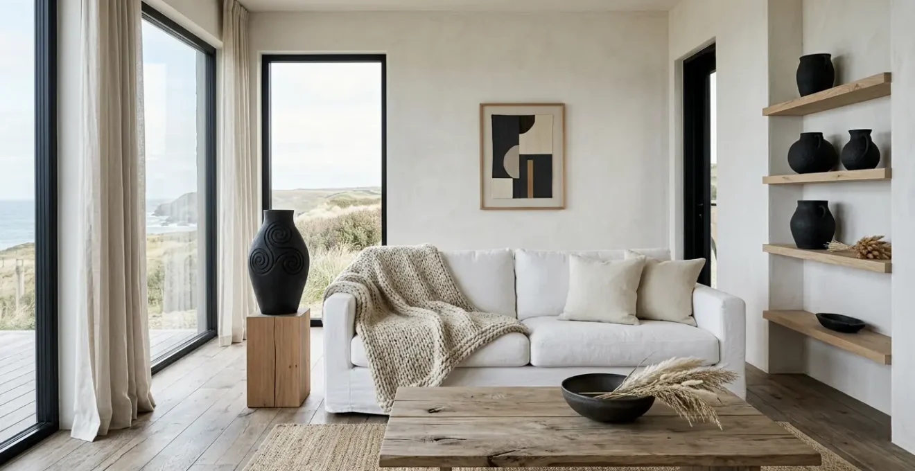 Salon contemporain aux touches bretonnes subtiles avec palette noir et blanc equilibree