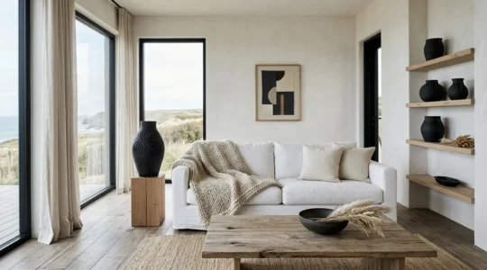 Salon contemporain aux touches bretonnes subtiles avec palette noir et blanc equilibree