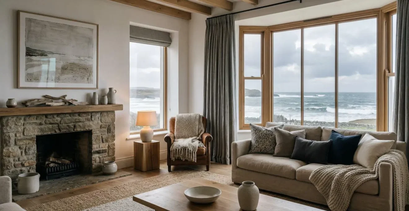 Intérieur côtier chaleureux avec textiles douillets face à mer d'hiver grise