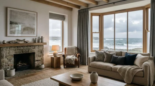 Intérieur côtier chaleureux avec textiles douillets face à mer d'hiver grise