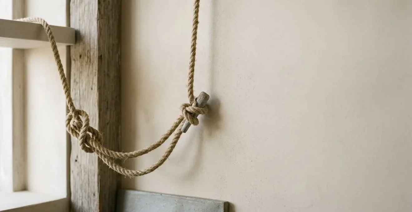 Composition minimaliste de cordage naturel en chanvre formant des nœuds marins décoratifs sur fond neutre avec éléments bruts