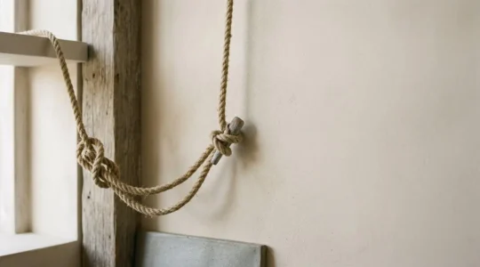 Composition minimaliste de cordage naturel en chanvre formant des nœuds marins décoratifs sur fond neutre avec éléments bruts