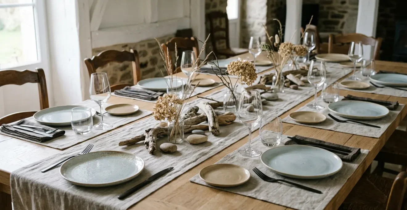 Table de dîner formel élégamment dressée avec influence bretonne contemporaine