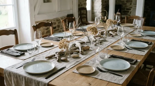 Table de dîner formel élégamment dressée avec influence bretonne contemporaine