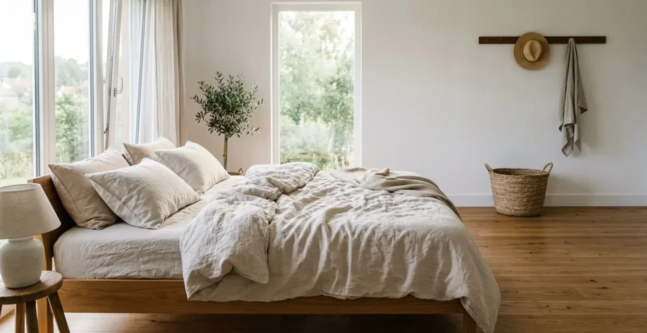 Draps en lin lavé naturel dans une chambre épurée avec lumière d'été