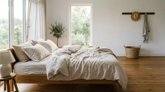 Draps en lin lavé naturel dans une chambre épurée avec lumière d'été