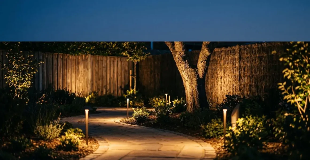 Ambiance nocturne d'un jardin éclairé par strates avec lumière chaude créant profondeur et continuité visuelle